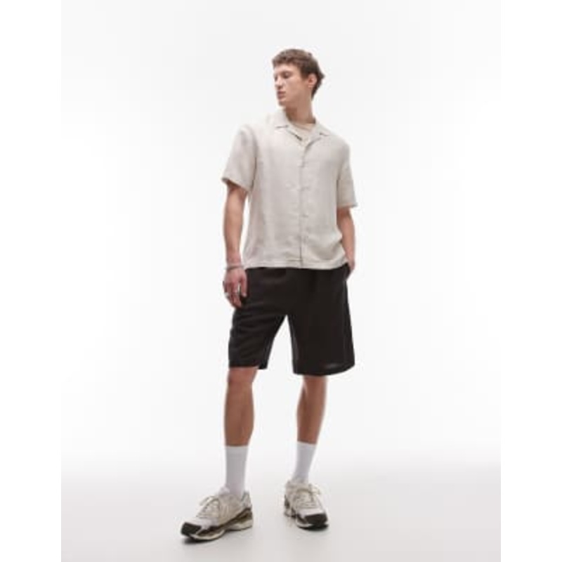 Topman wide leg linen mix shorts in black