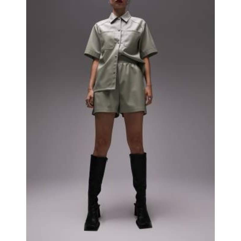 Topshop faux leather pull on shorts in sage – part of a set