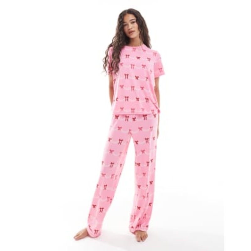 Urban Threads Christmas short sleeve revere and pants pajama set in festive bow print