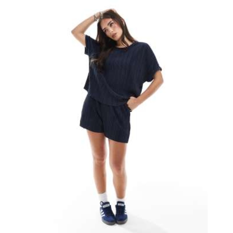 Vero Moda plisse t-shirt and shorts set in navy