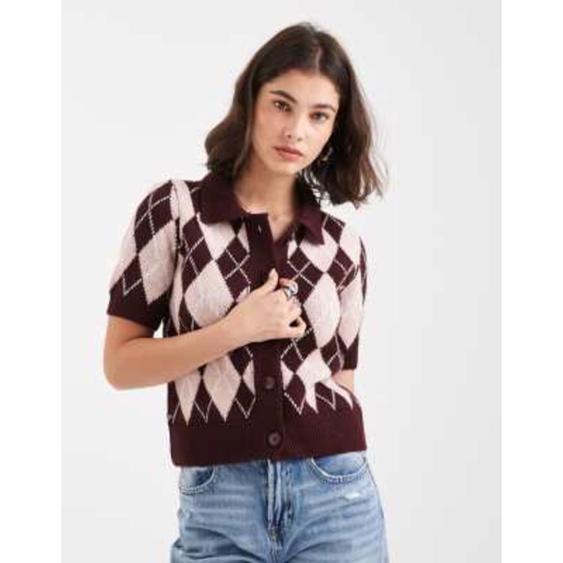 Vero Moda short sleeve polo neck cardigan in pink and burgundy argyle print