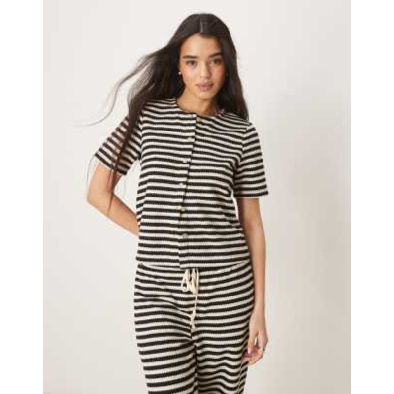 VILA textured knitted stripe short sleeve button down top in black and cream – part of a set