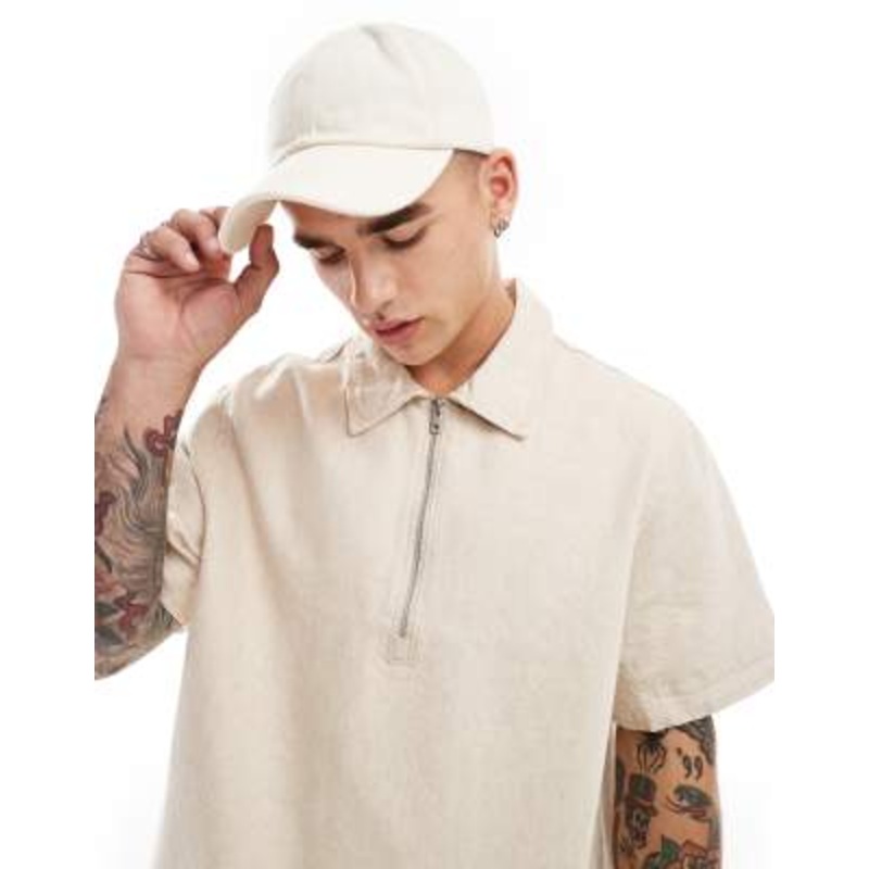 Weekday Dejan heavyweight linen mix short sleeve polo zip shirt in beige