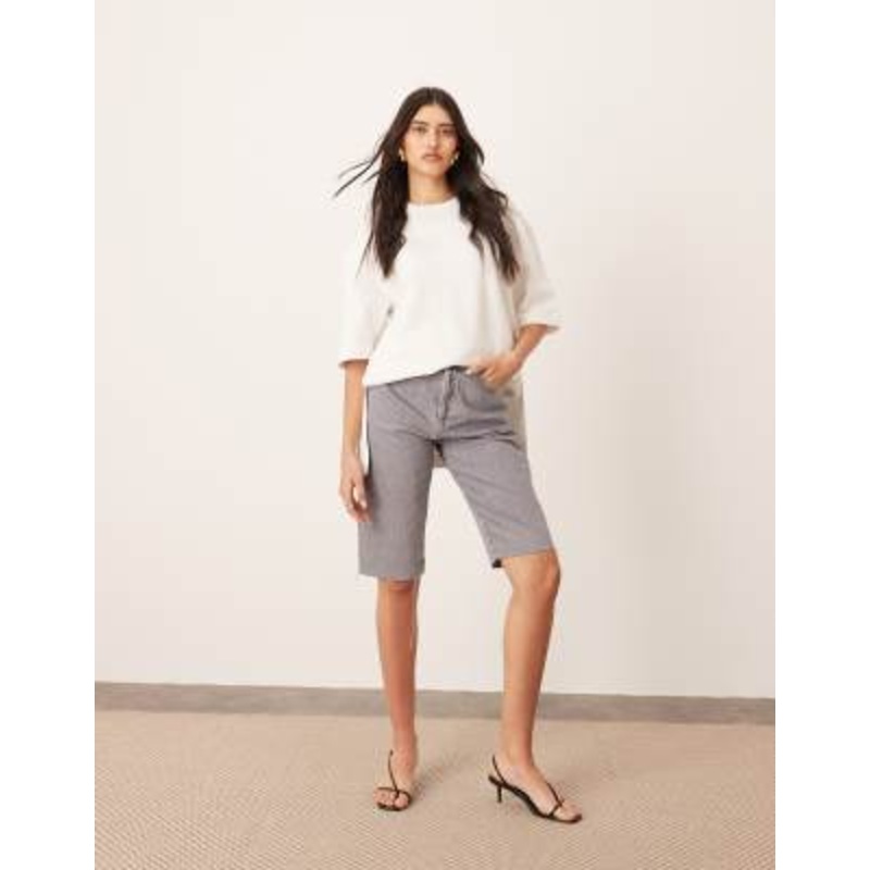 ARRANGE Cleo denim longline shorts with raw hem in slate gray