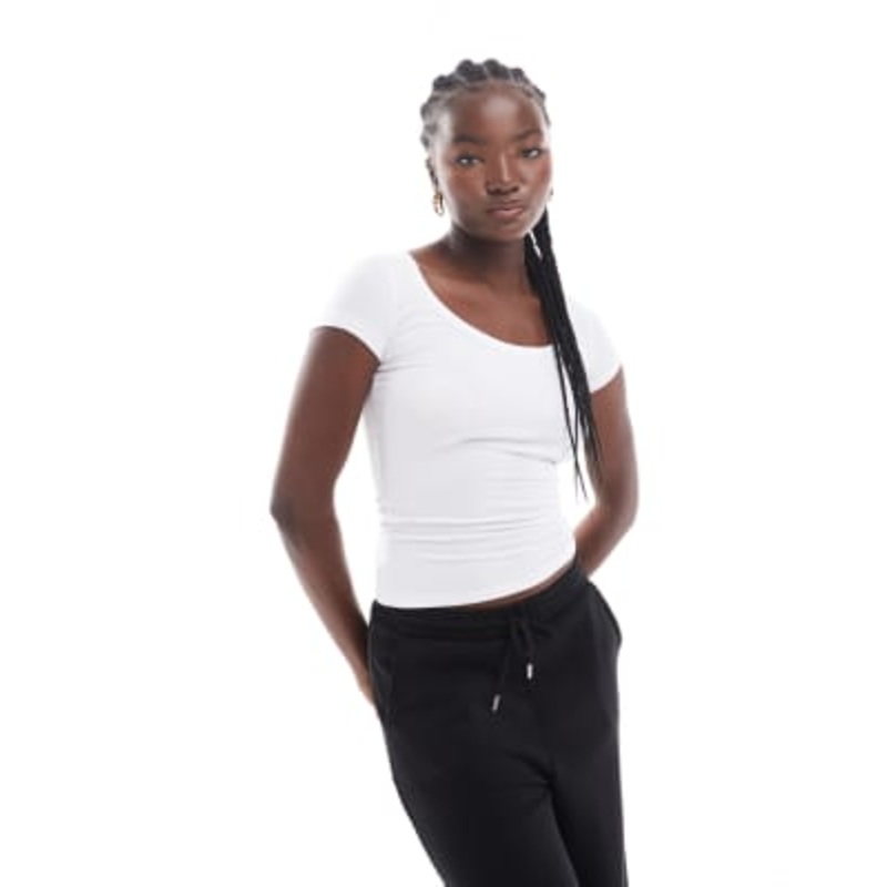 Cotton On ribbed scoop neck short sleeve top in white