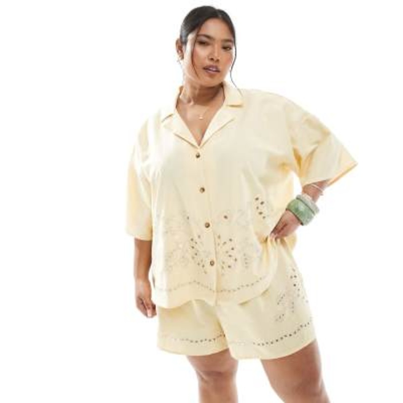 DESIGN Curve short sleeve shirt with camp collar with broderie detail in straw – part of a set