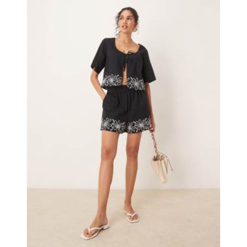 DESIGN embroidered tie top and hem shorts set in black