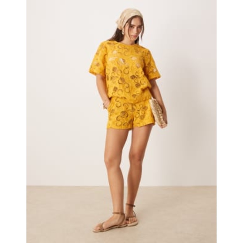 DESIGN floral cutwork top & shorts set in ocher