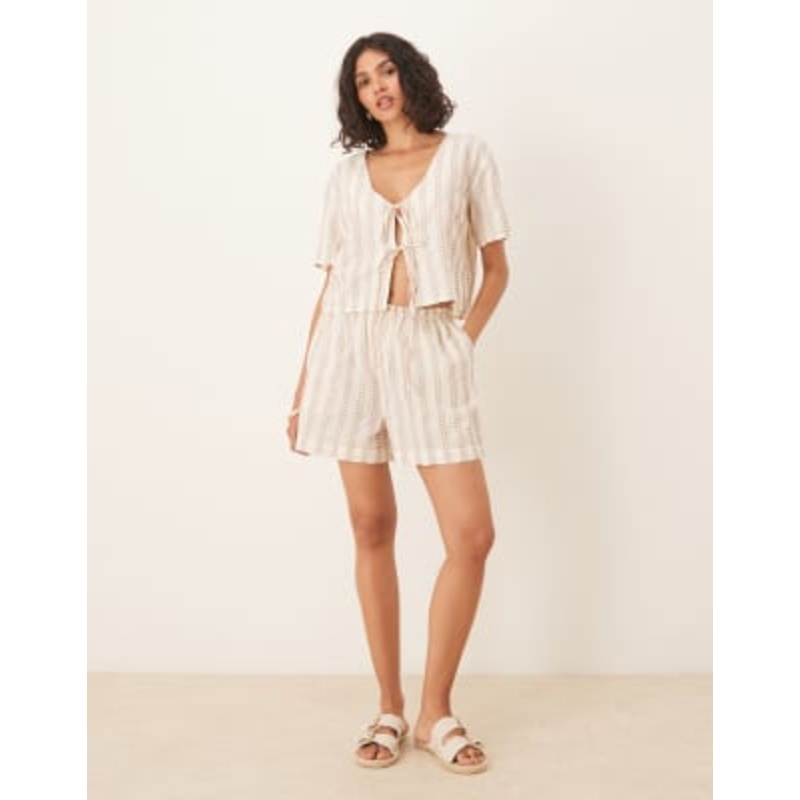 DESIGN stripe ruffled detail top and shorts set in cream