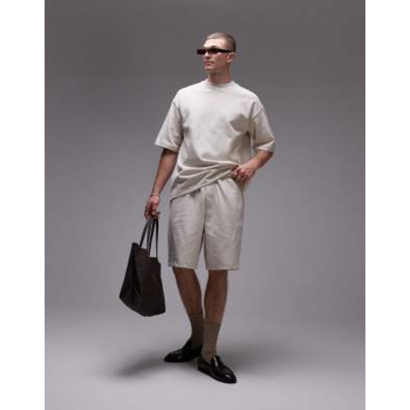 Topman oversized fit linen blend shorts in stone