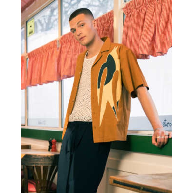 Topman short sleeve embroidered patch shirt in tan