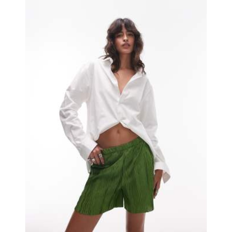 Topshop plisse wide leg shorts in olive green