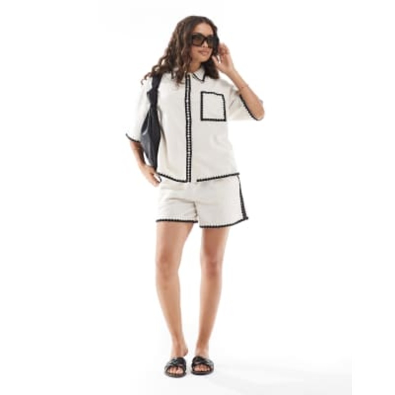 Vero Moda Petite oversized shirt and relaxed fit shorts set with contrast stitching in cream