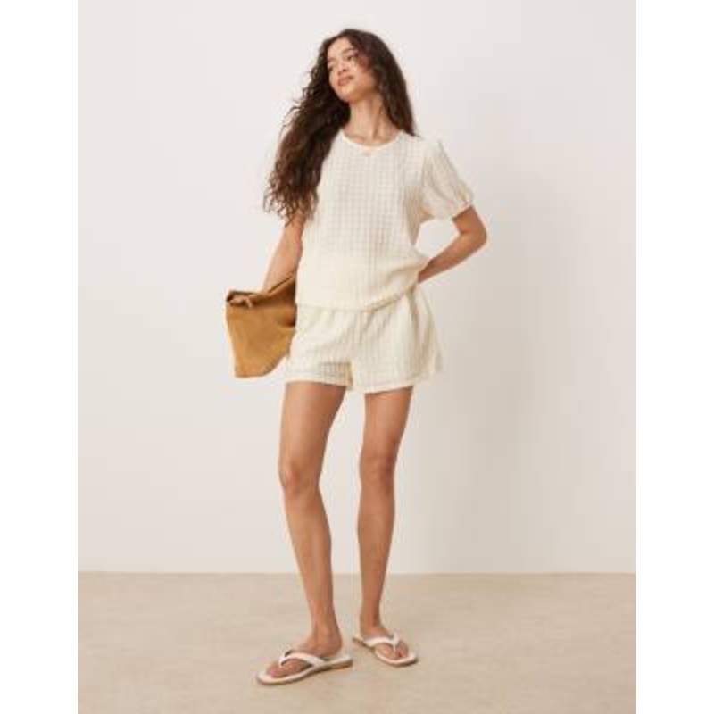 Vila textured puff sleeve t-shirt and shorts set in cream