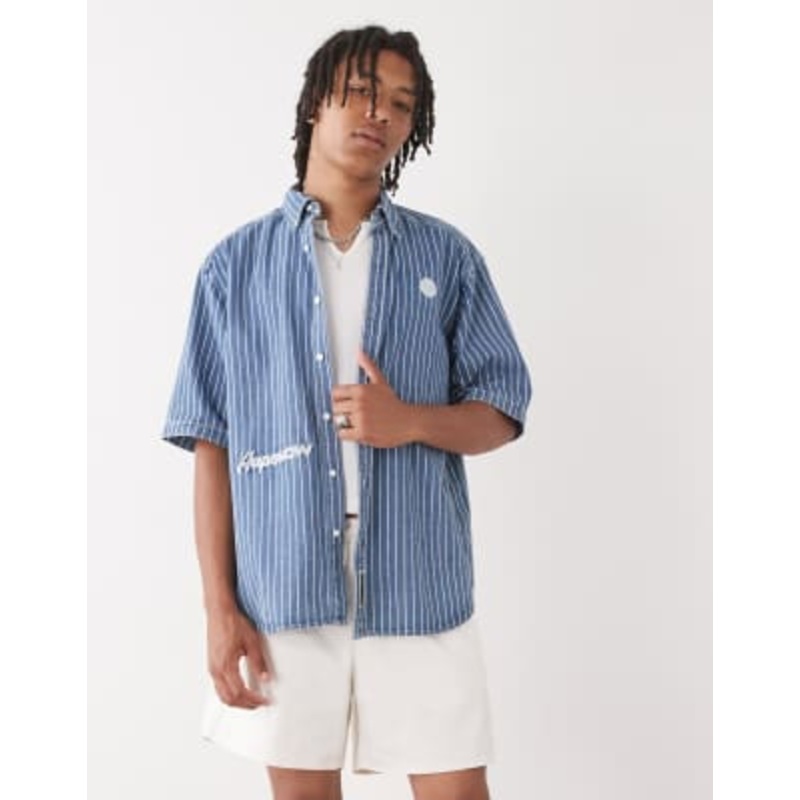 Aape by A Bathing Ape loose fit striped denim short sleeve shirt in midwash blue