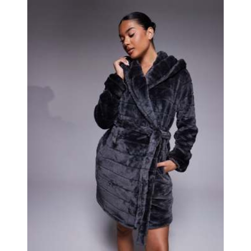 Boux Avenue striped cut short robe in charcoal black