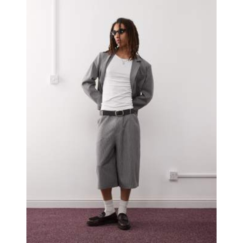 COLLUSION longline tailored pinstriped shorts in stone – part of a set