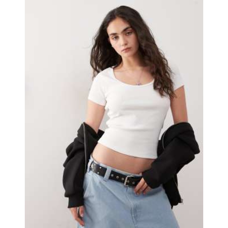 COLLUSION ribbed short sleeve round neck top in white