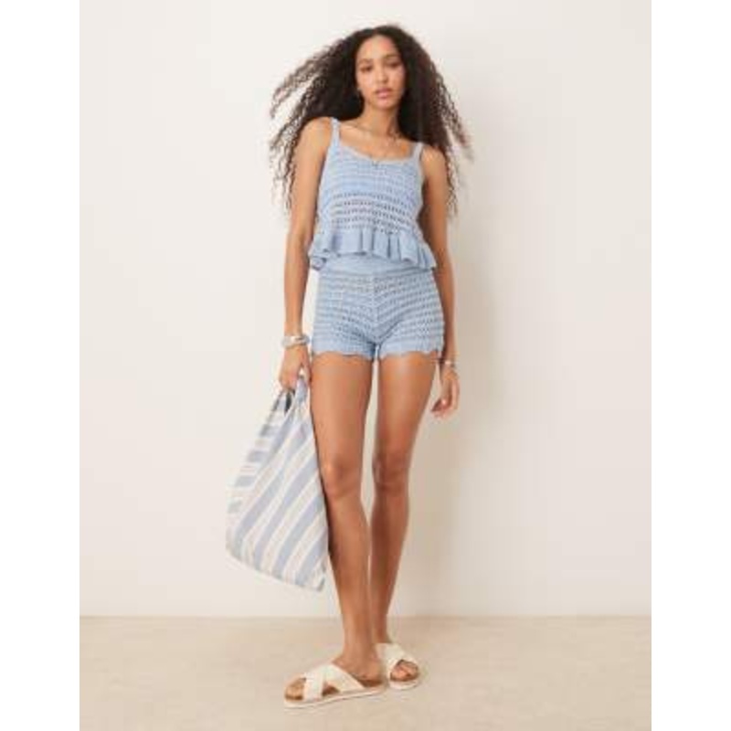 DESIGN knit crochet cami top & crochet shorts set in blue