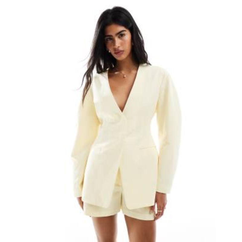 DESIGN linen blend cinch blazer and shorts set in buttermilk