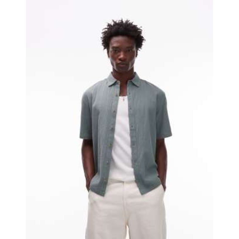 Topman relaxed fit short sleeve textured shirt in sage