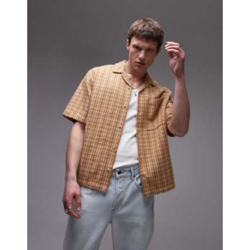 Topman short sleeve relaxed shirt in brown plaid