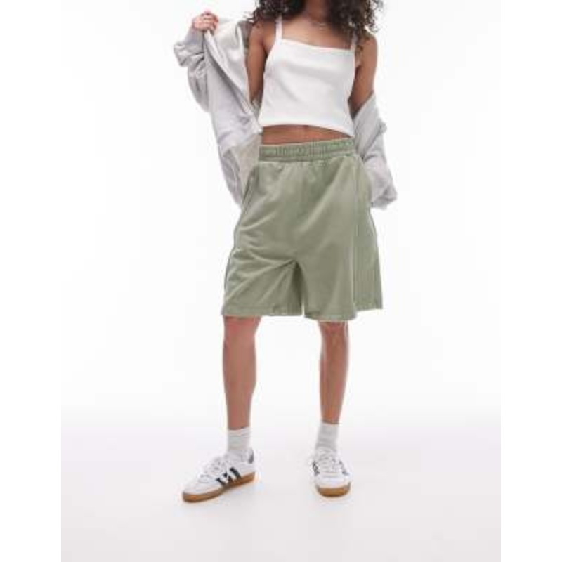 Topshop acid wash longline shorts in sage