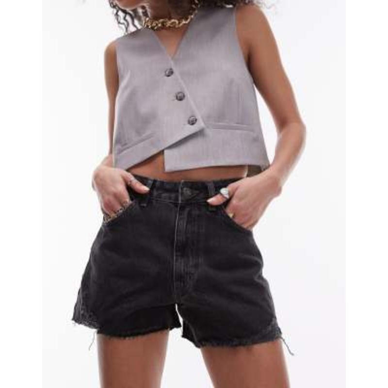 Topshop denim a-line mom short with rips in washed black