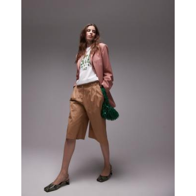 Topshop longline 3/4 length double pleat short in camel