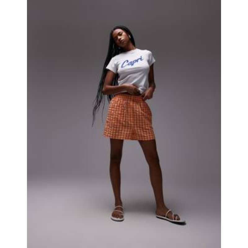 Topshop pull on gingham textured boxer shorts in orange