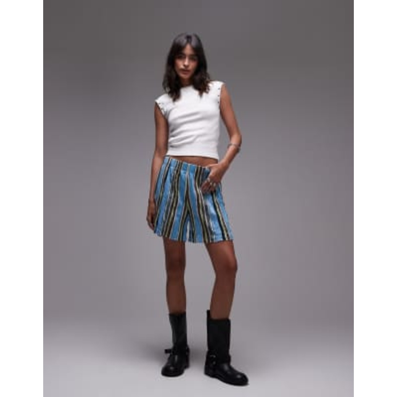 Topshop striped crinkle wide leg shorts in multi
