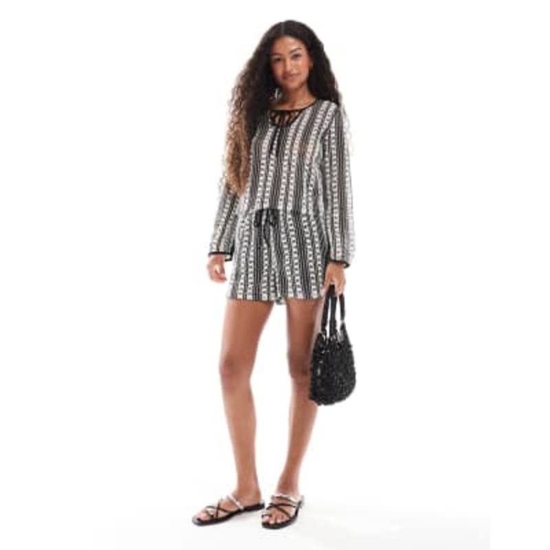 Vero Moda long sleeve crochet lace top and shorts set in mono stripe
