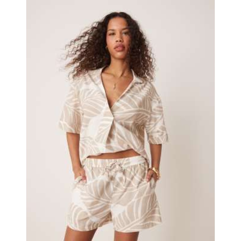 VILA boxy shirt and shorts set in tonal leaf print