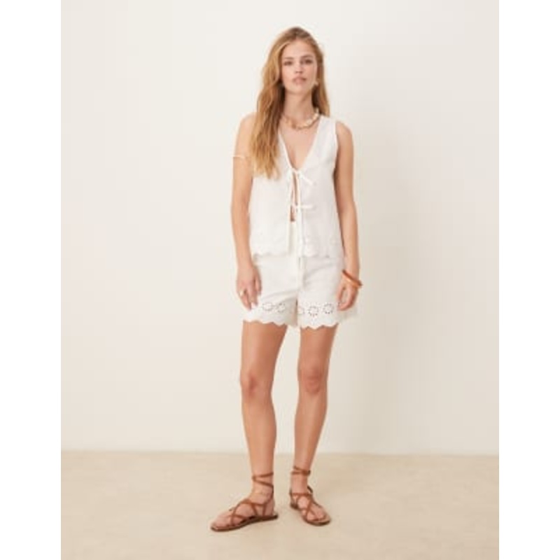 Vila cutwork embroidered poplin tie front tank top and poplin shorts set in white