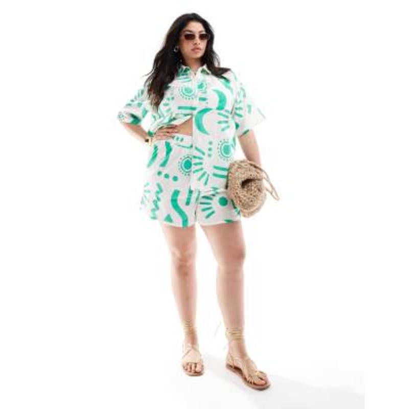 Yours shirred linen look shorts in green print – part of a set