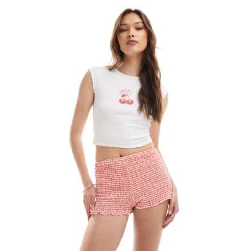 Cotton On shirred micro shorts in nectarine gingham