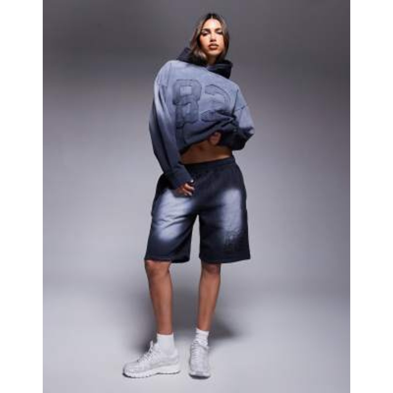 Courtside varsity detail relaxed raw hem shorts in washed black – part of a set