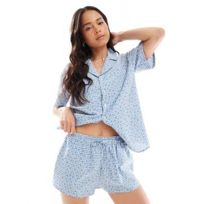 Daisy Street boxer style pajama shorts with floral details in blue gingham