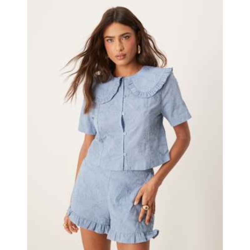 DESIGN frill hem shirt and shorts set in blue and white