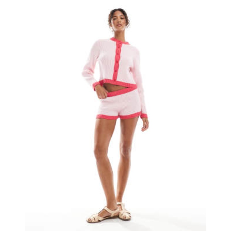 DESIGN knit cardigan and shorts set in red and pink