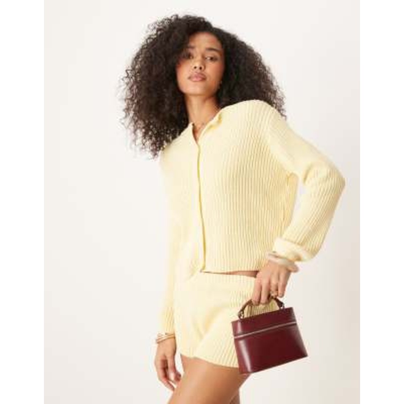 DESIGN neat fit knit cardigan and shorts set in yellow