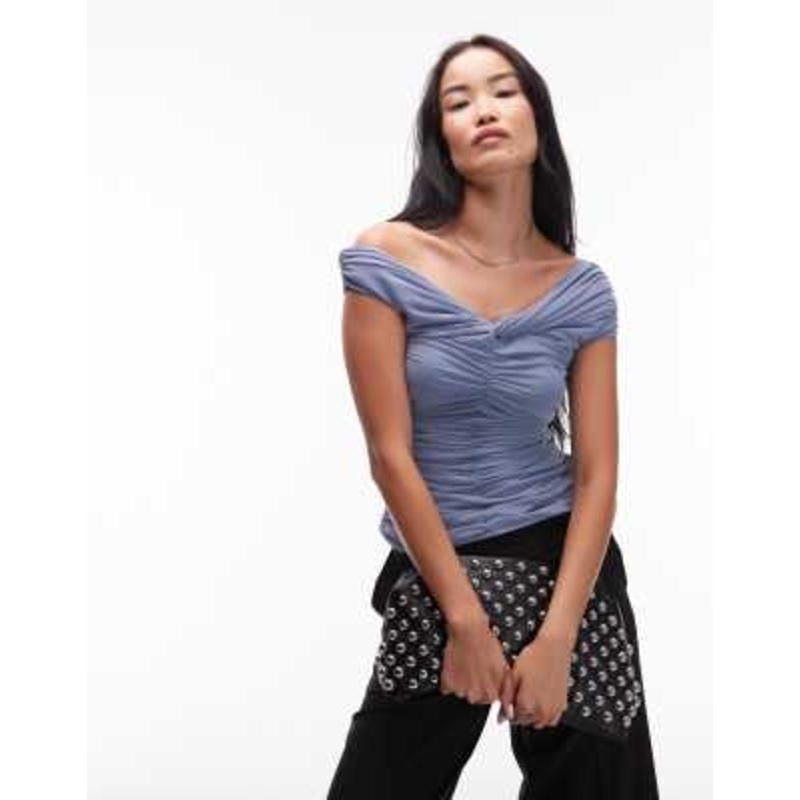 & Other Stories short sleeve mesh drapey ruched top in mid blue