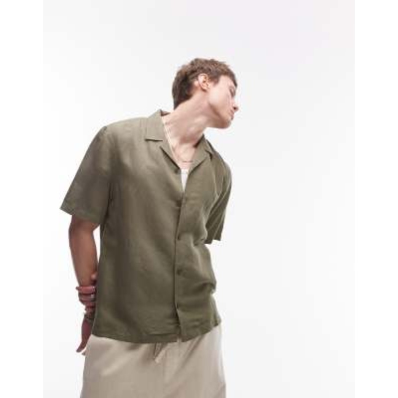 Topman regular fit short sleeve linen blend shirt in khaki