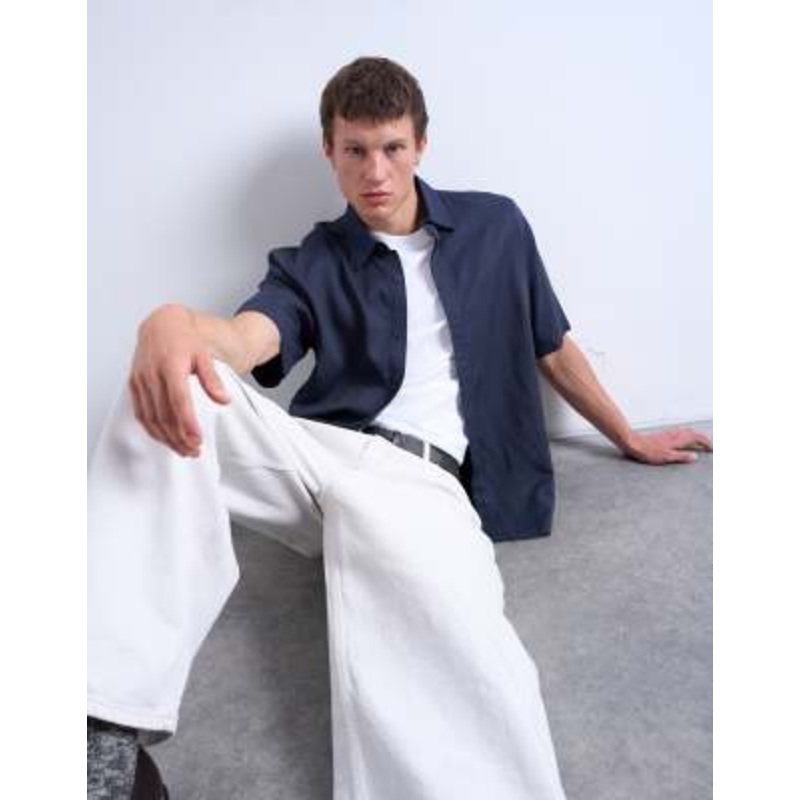 Topman relaxed fit short sleeve twill shirt in navy