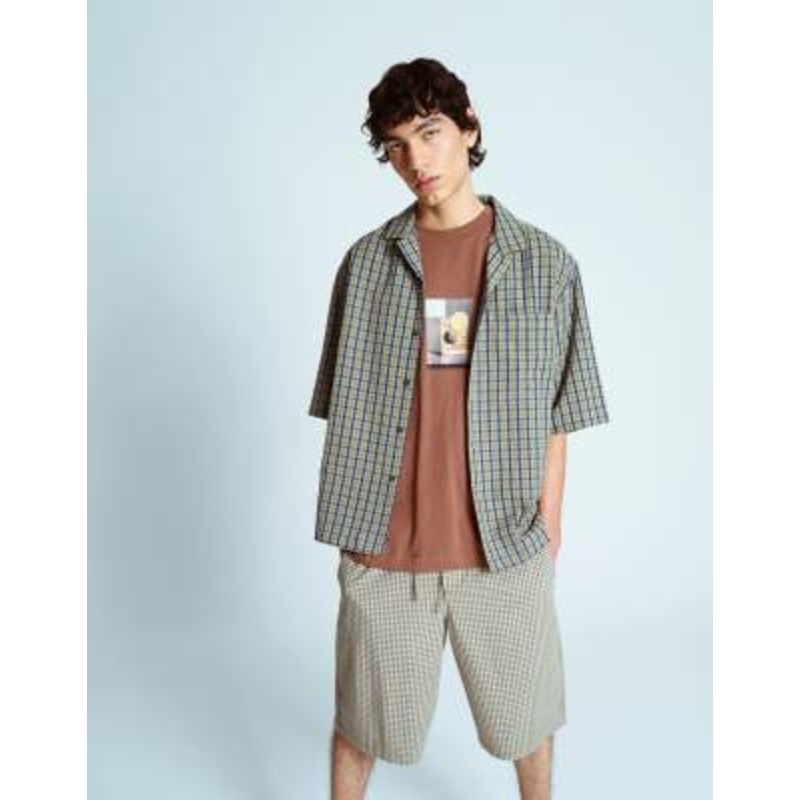 Topman short sleeve boxy textured plaid shirt