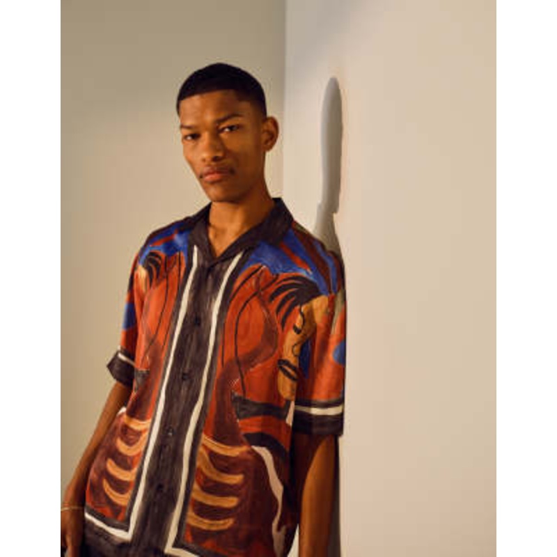 Topman short sleeve face print satin shirt in multi