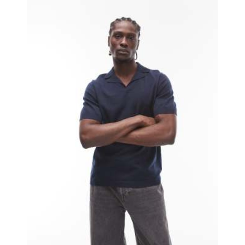Topman short sleeve knit open revere shirt in navy