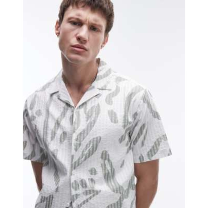 Topman short sleeve printed seersucker shirt in green