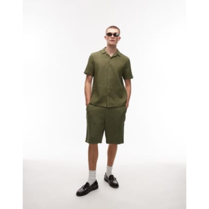 Topman textured grid check shorts in khaki green – part of a set
