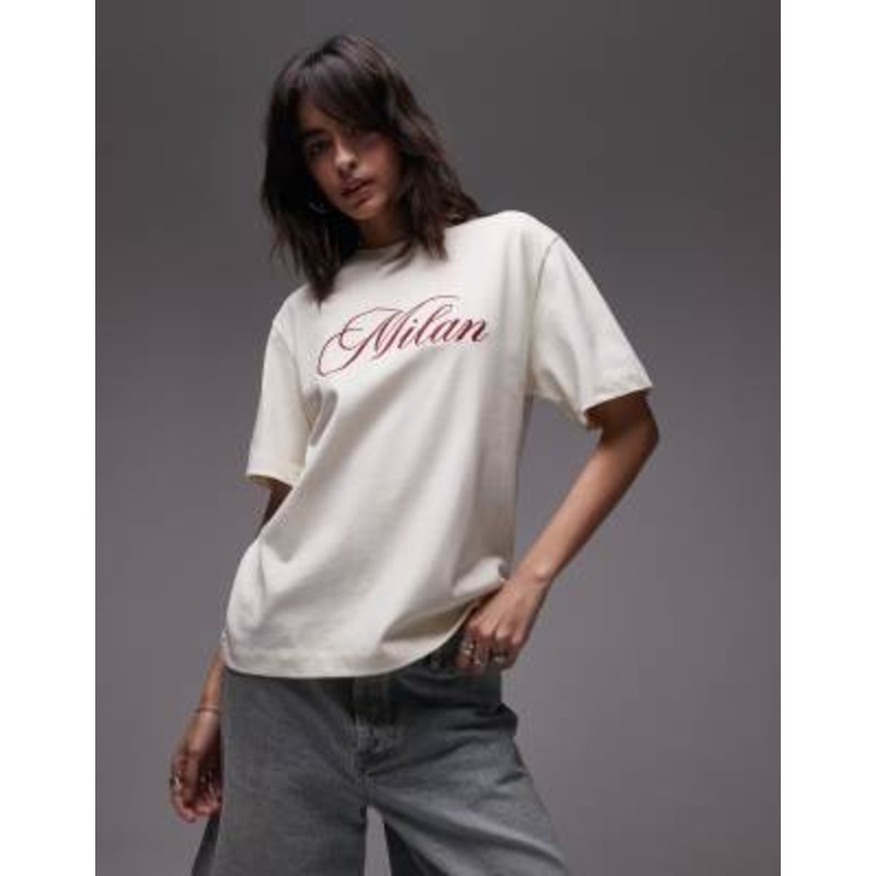 Topshop embroidered milan premium short sleeve tee in buttermilk